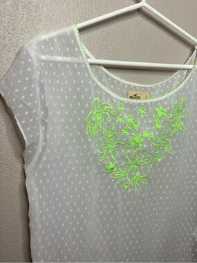 Hollister White Swiss Dot Sheer Blouse Neon Green Floral Embroidered Top L Y2K